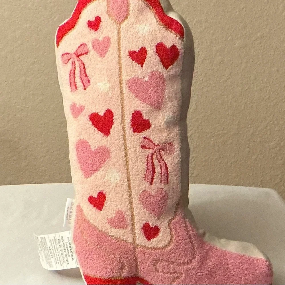 Isaac Mizrahi Pink and Red Hearts & Bows Boot Shaped Plush Pillow. NWOT